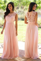 Chiffon Floor Length Lace Sleeveless Evening Dresses Long Prom Dresses